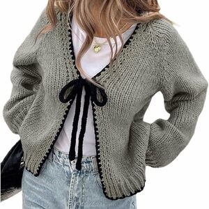 Chunky Knit Tie-Front Cardigan Sweater - Gray